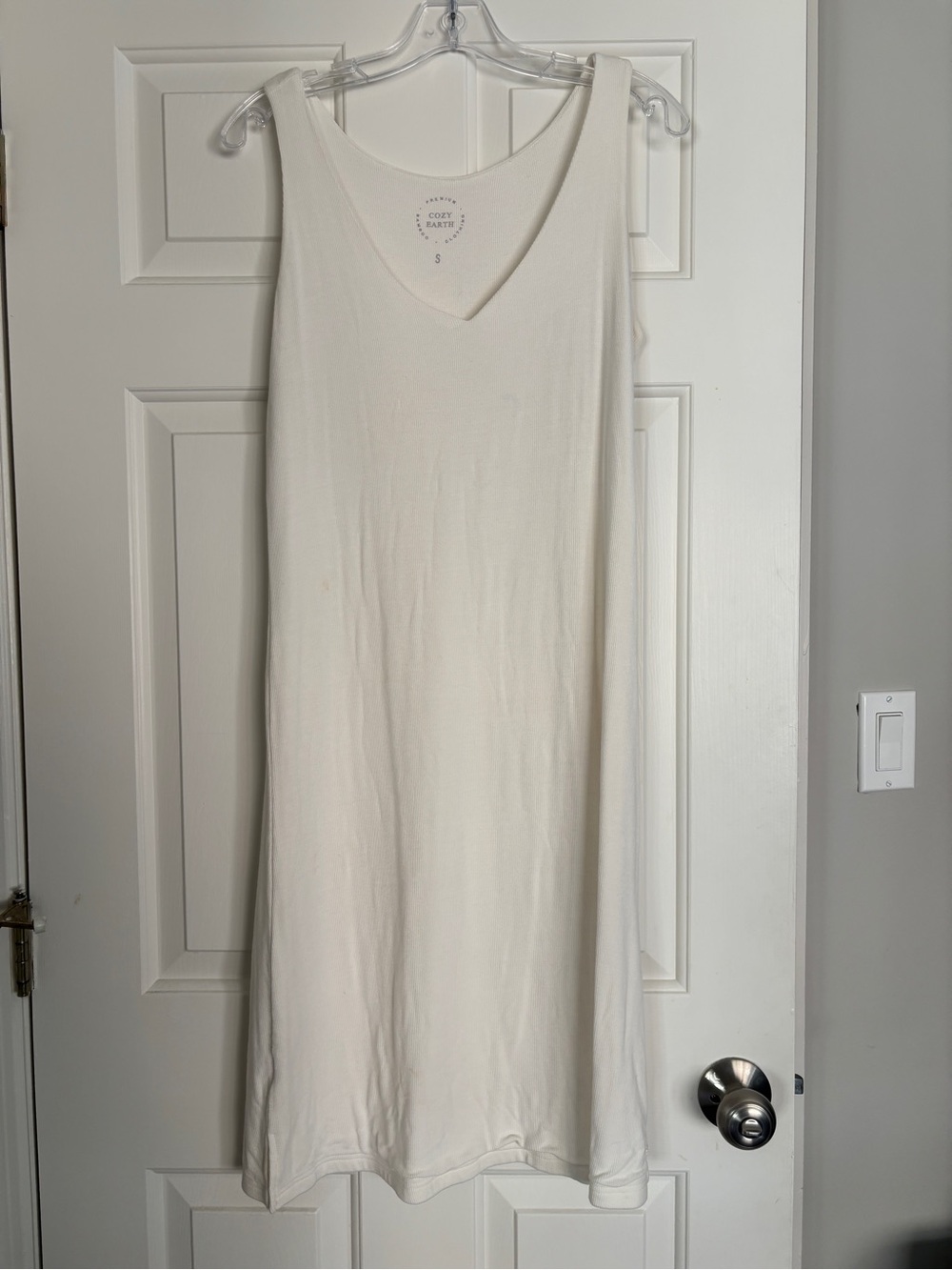 Cozy Earth Cream Bamboo Rib Knit V-Neck Tank Lounge Midi Dress - Small